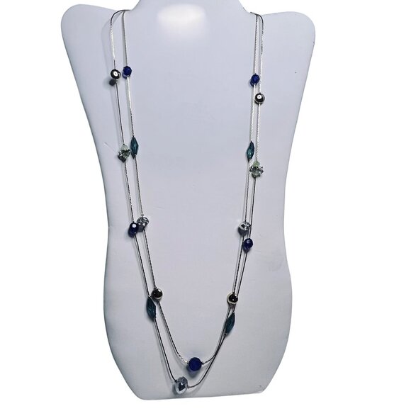 Unbranded Jewelry - Double Strand Gold Tone Necklace With Cobalt Blue Aqua & Clear Beads (5603)